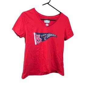 Majestic St. Louis Cardinals T-Shirt Women Medium Red MLB V-Neck Pennant Graphic